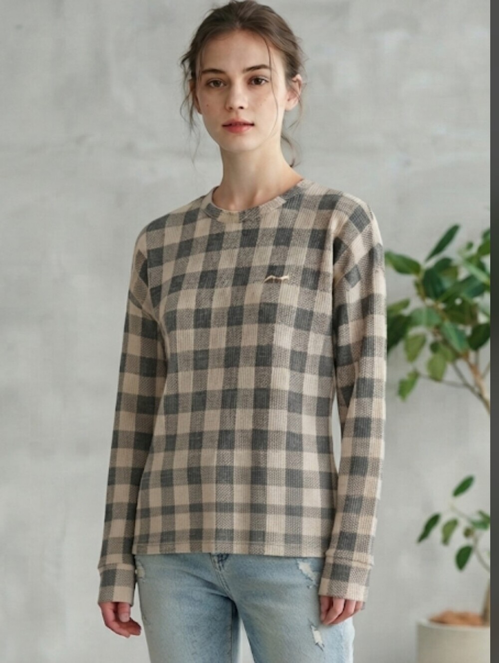 Victoria's Secret PINK Plaid Waffle Knit Thermal Top Gray Taupe/Beige/Tan Large
